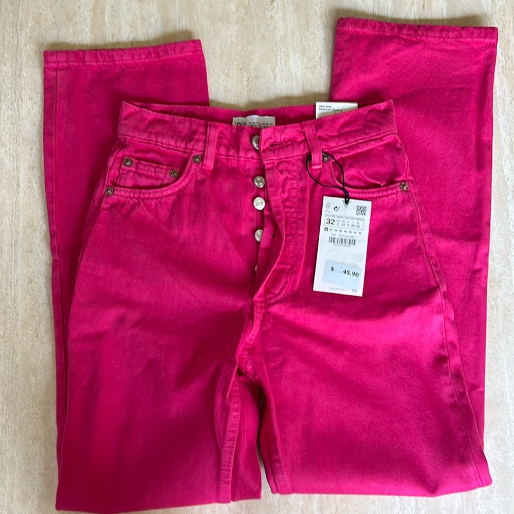 NWT! Zara High-Rise Straight Fit 100% Cotton Barbie Pink Jeans
